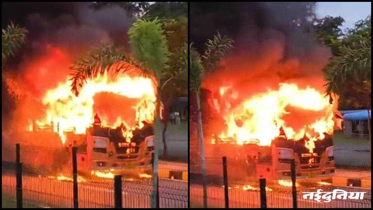 नवा रायपुर में महानदी भवन के सामने आग का गोला बनी बस, 30 सरकारी कर्मचारी थे सवार, कूदकर बचाई जान
