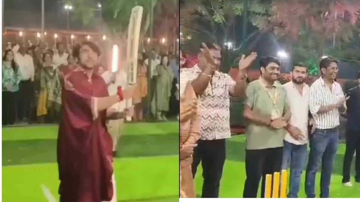 मैहर में धीरेंद्र शास्त्री का बल्ला गरजा, पहली ही बॉल पर लगाया शानदार छक्का, साथ में नजर आए SP