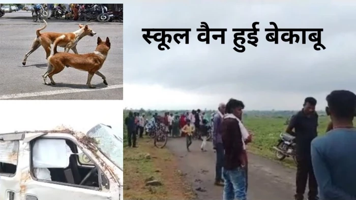 सतना में कुत्ते को बचाने में सड़क किनारे स्कूली वैन पलटी, कई बच्चे घायल