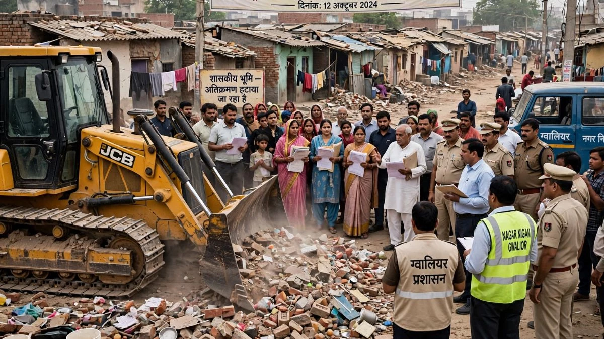 ग्वालियर में सरकारी जमीन पर कब्जा, 40 मकानों पर एक्शन के लिए बुलडोजर लेकर पहुंचा प्रशासन, महिलाओं ने दी मशीन के आगे लेटने की धमकी