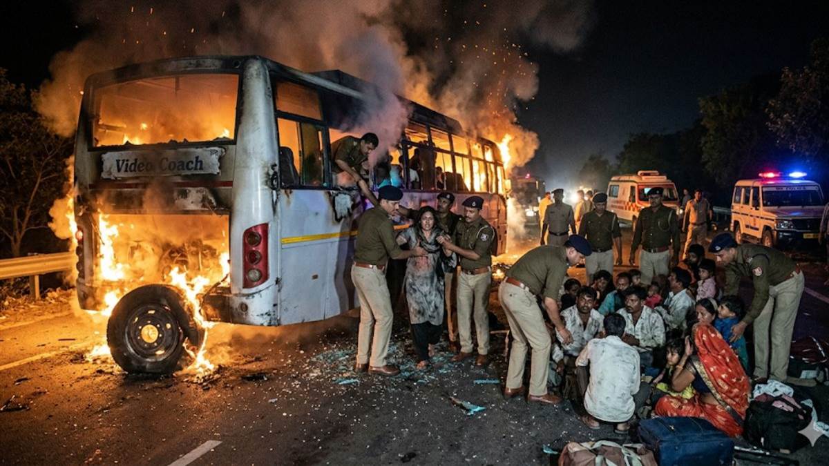 मौत बनकर दौड़ी वीडियो कोच बस, ग्वालियर में टायर फटने के बाद लगी आग; पुलिस ने कांच तोड़कर बचाई 16 जिंदगियां