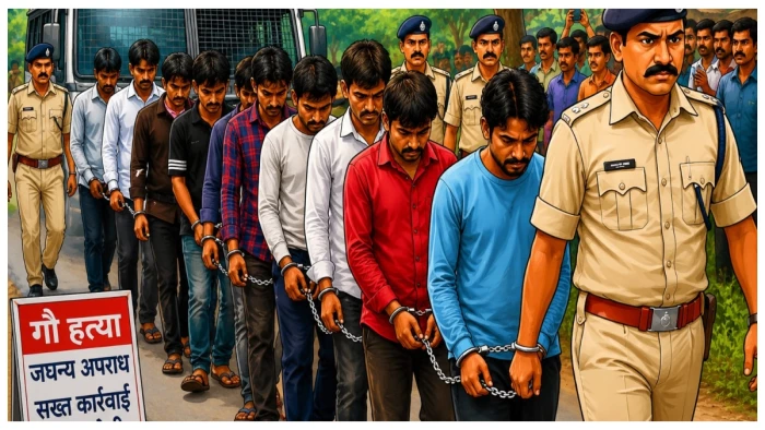 बछड़े की हत्या कर मांस बांटते दस आरोपी गिरफ्तार : कोतबा पुलिस ने मौके से 55 किलो मांस और हथियार किए जब्त