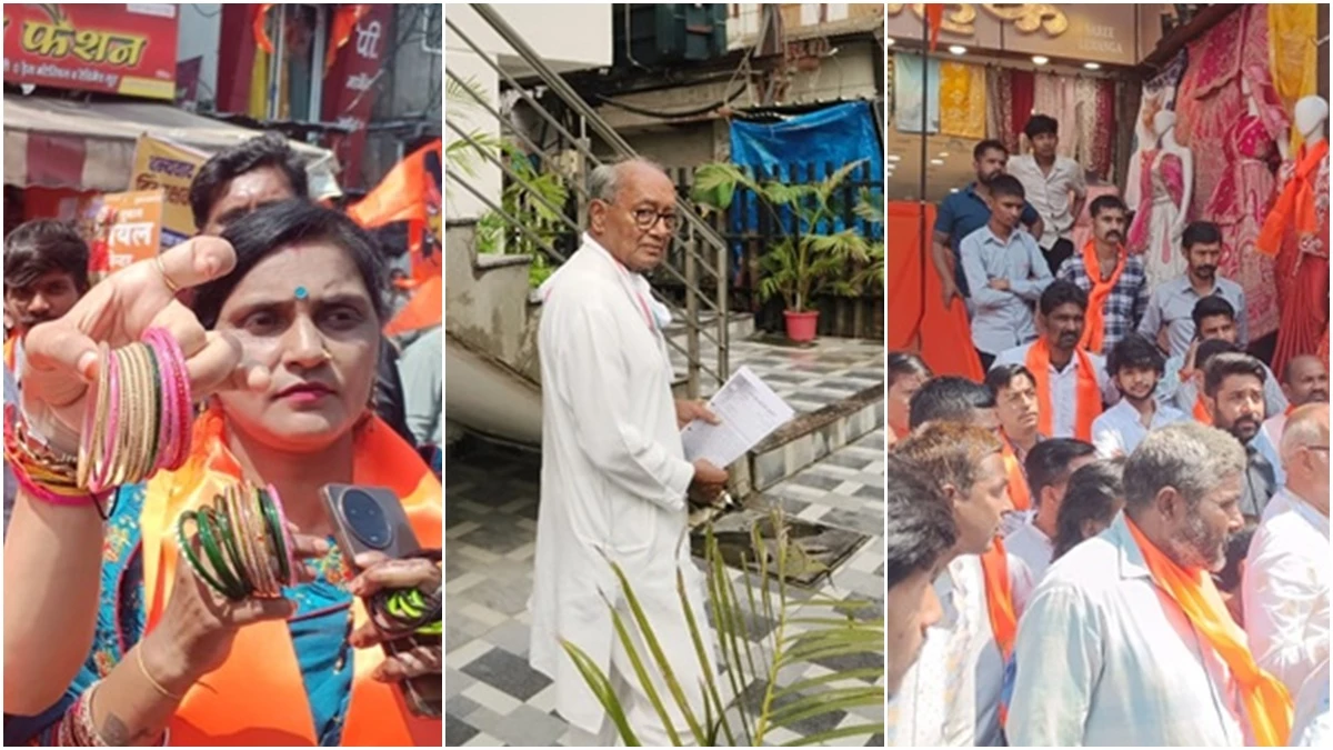इंदौर के सराफा थाने पहुंचे दिग्विजय सिंह, हिंदू संगठन के कार्यकर्ताओं ने फेंकी चूड़‍ियां; भगवा पोस्टर से पटा बाजार