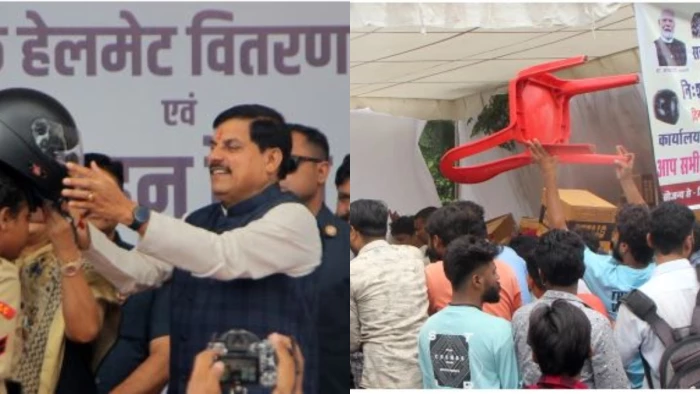 Bhopal में निशुल्क हेलमेट वितरण के दौरान हंगामा, भारी भीड़ के बीच हुई धक्का-मुक्की और छीनाझपटी