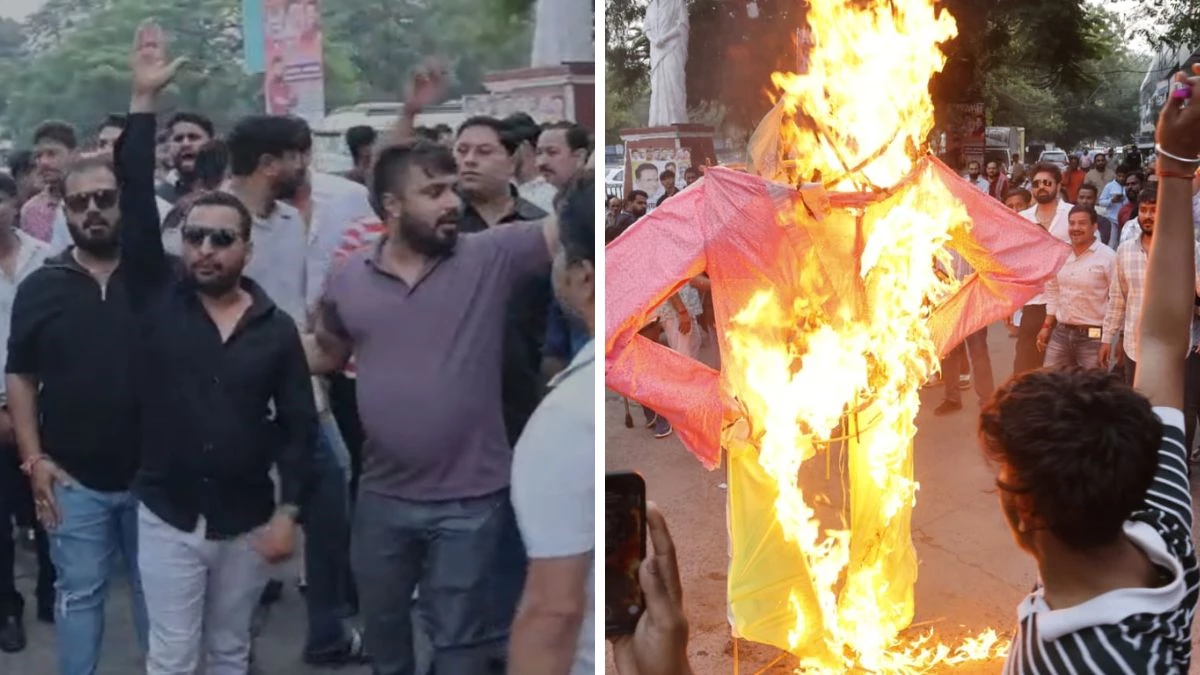 इंदौर में BJP कार्यालय के बाहर खाती समाज का हंगामा, नगर अध्यक्ष के खिलाफ नारेबाजी, पुतला फूंका