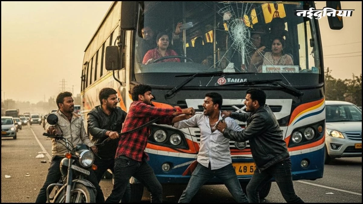 इंदौर-अहमदाबाद नेशनल हाईवे पर फिल्मी स्टाइल में रोकी बस, ड्राइवर-कंडक्टर को बेल्ट से पीटा, Video वायरल