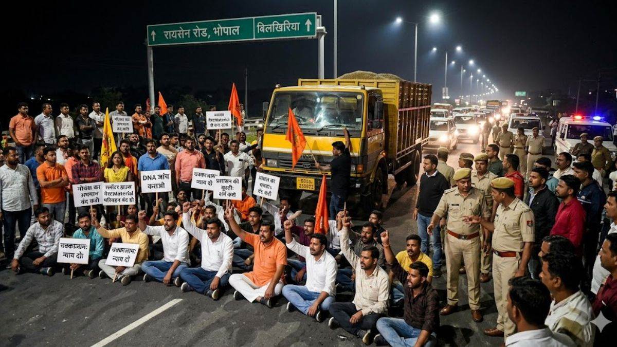 भोपाल के रायसेन रोड पर हाईवोल्टेज ड्रामा, हिंदू संगठनों ने रोके ट्रक, गोवंश के अवशेष होने की आशंका में हंगामा