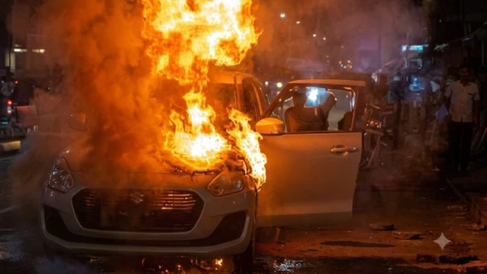 ग्वालियर में सड़क पर दौड़ती कार बनी आग का गोला, बोनट में भड़की आग की लपटें, ड्राइवर ने कूदकर बचाई जान