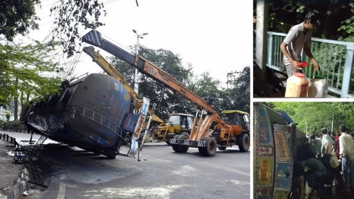 भोपाल में VIP रोड पर आधी रात मची 'तेल लूट': टैंकर पलटा तो बाल्टी-कड़ाही लेकर सड़क की ओर दौड़े लोग